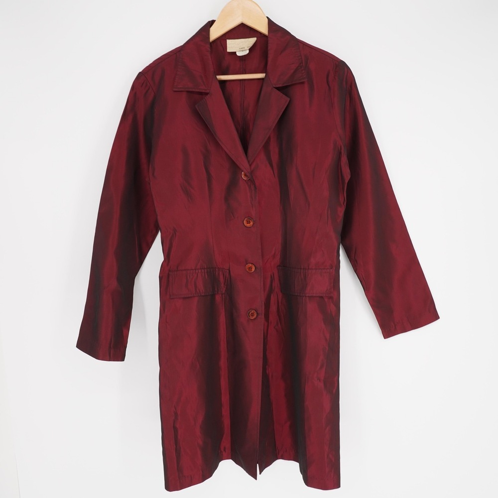 Vintage Sans Souci Coat Womens L Red Taffeta Overcoat Irridescent Lightweight
